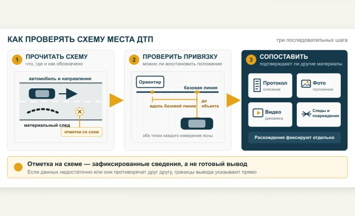 Три шага проверки схемы места ДТП: прочитать обозначения, проверить привязку и сопоставить с другими материалами.