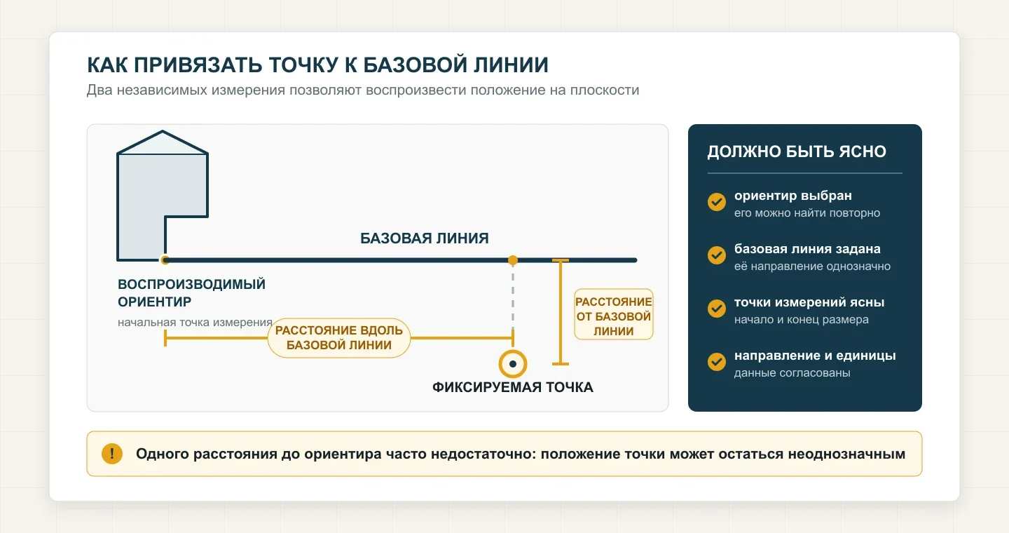 Координатная привязка точки двумя измерениями: вдоль базовой линии и перпендикулярно от неё.