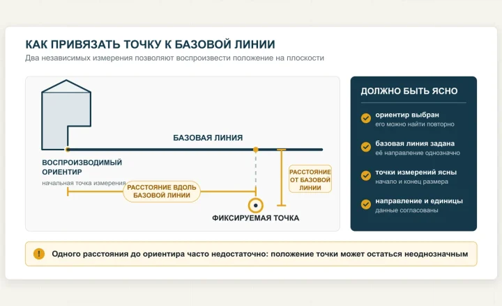 Координатная привязка точки двумя измерениями: вдоль базовой линии и перпендикулярно от неё.