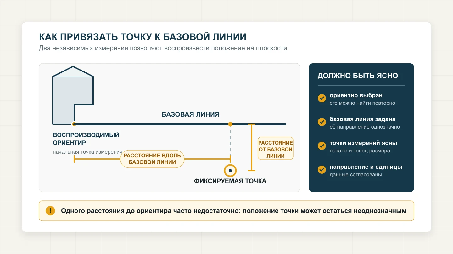 Координатная привязка точки двумя измерениями: вдоль базовой линии и перпендикулярно от неё.