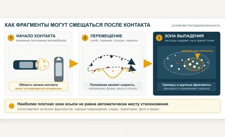 Схема перемещения фрагментов от области начала контакта к зоне окончательного выпадения осыпи.