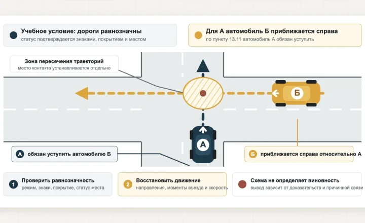 Автомобиль А движется снизу вверх, автомобиль Б приближается справа и движется справа налево; показана обязанность А уступить Б и зона пересечения траекторий.