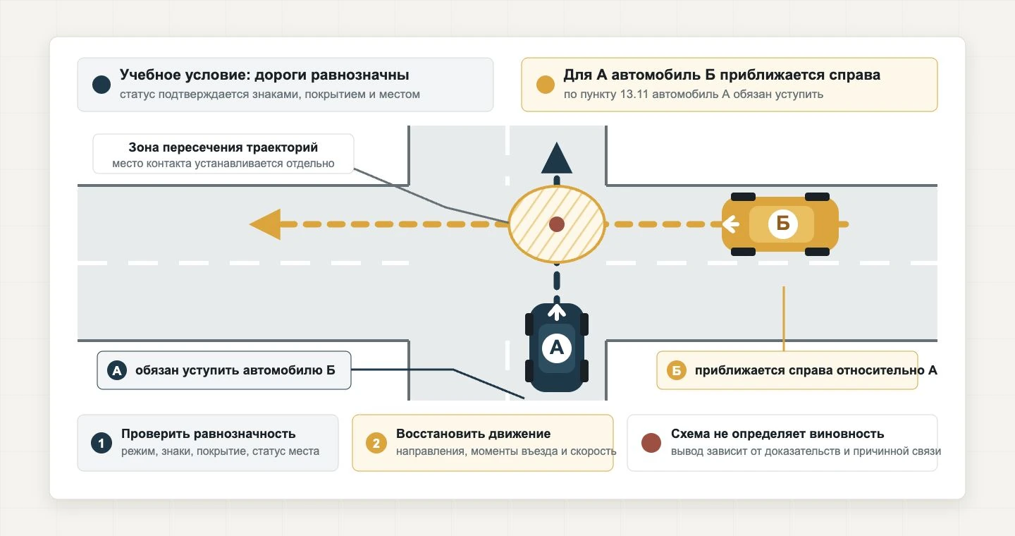 Автомобиль А движется снизу вверх, автомобиль Б приближается справа и движется справа налево; показана обязанность А уступить Б и зона пересечения траекторий.