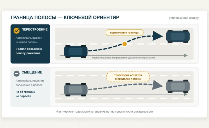 Сравнение перестроения с боковым смещением: автомобиль пересекает границу соседней полосы или остаётся в пределах своей полосы.