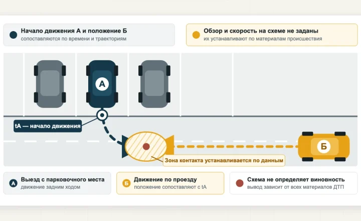 Автомобиль А выезжает задним ходом с парковочного места, автомобиль Б движется по проезду; отмечены начало движения А и зона возможного пересечения траекторий.