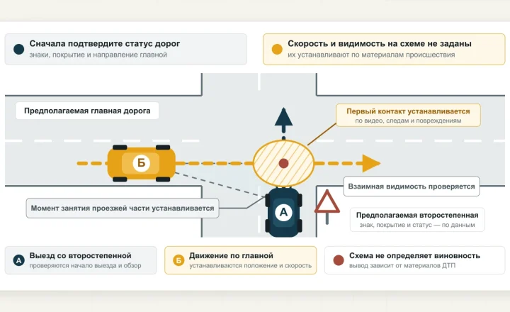 Автомобиль А выезжает со второстепенной дороги, автомобиль Б движется по предполагаемой главной дороге; показаны траектории, взаимная видимость и возможная зона первого контакта.