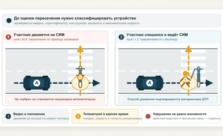 Сравнение двух версий на переходе: слева участник движется на СИМ, справа спешился и ведёт устройство; показаны автомобиль, траектории и зона контакта.