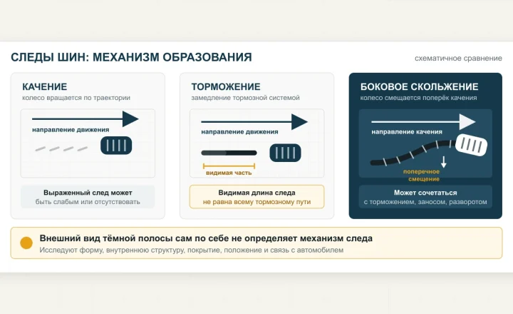 Схематичное сравнение качения, торможения и бокового скольжения шины на дорожном покрытии.