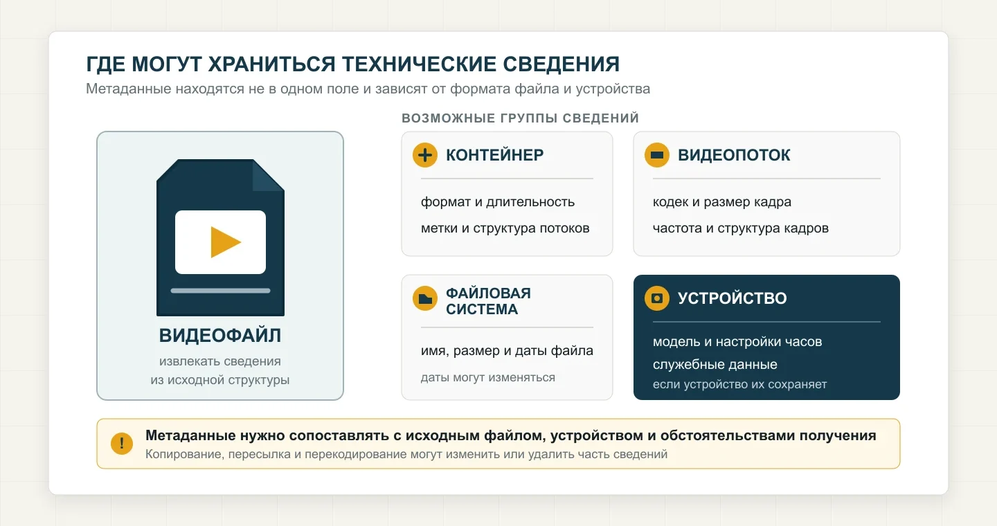 Группы метаданных видеозаписи в контейнере, видеопотоке, файловой системе и записывающем устройстве.