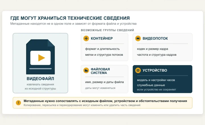 Группы метаданных видеозаписи в контейнере, видеопотоке, файловой системе и записывающем устройстве.