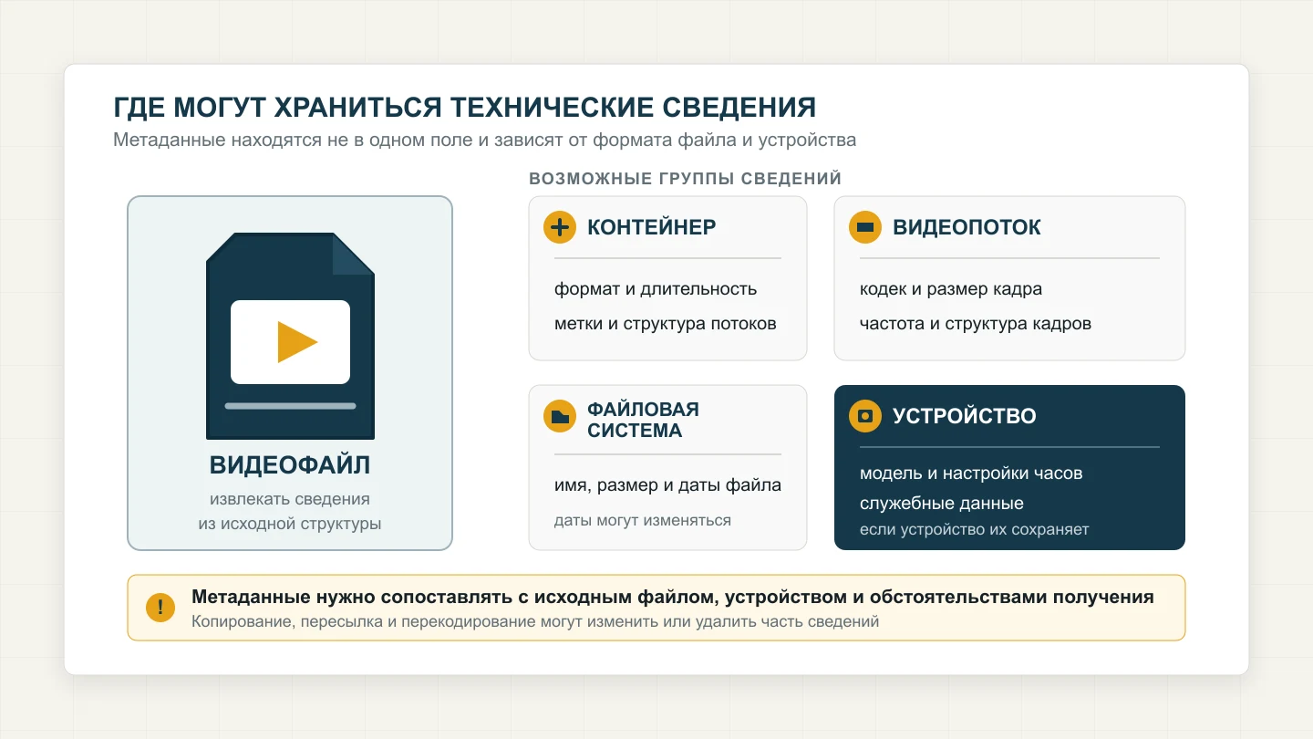 Группы метаданных видеозаписи в контейнере, видеопотоке, файловой системе и записывающем устройстве.