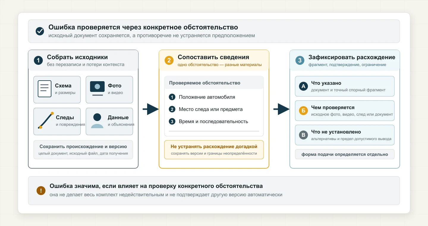Три этапа проверки материалов ДТП: сбор исходников, сопоставление сведений и фиксация расхождения