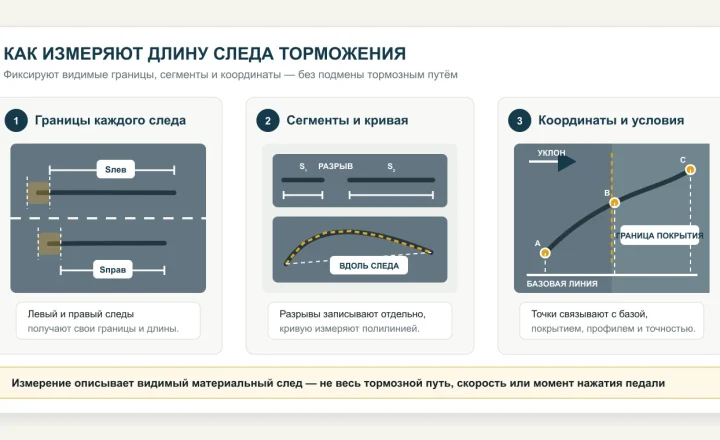 Три этапа измерения следа торможения: отдельные границы левого и правого следов, сегменты и кривая, координатная привязка с покрытием и уклоном