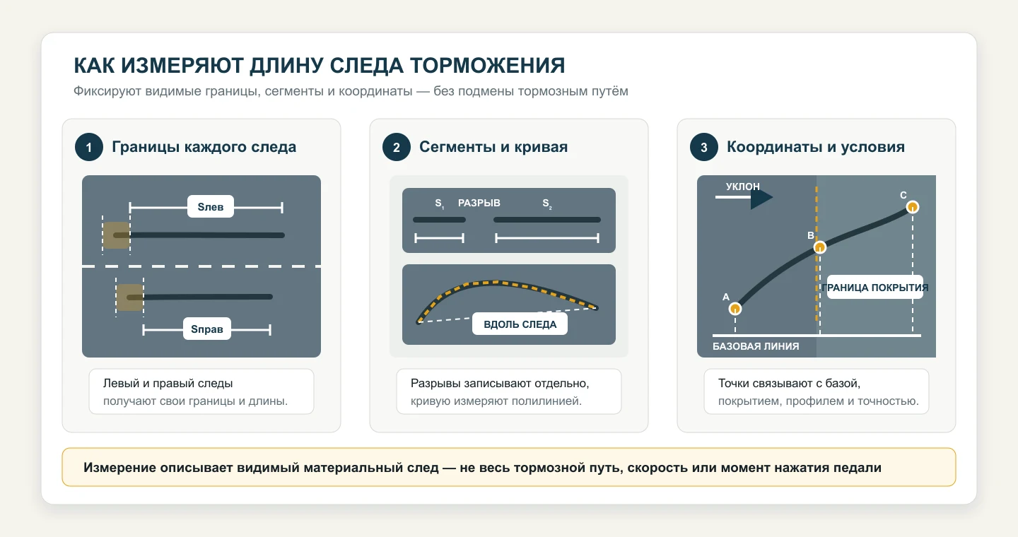Три этапа измерения следа торможения: отдельные границы левого и правого следов, сегменты и кривая, координатная привязка с покрытием и уклоном