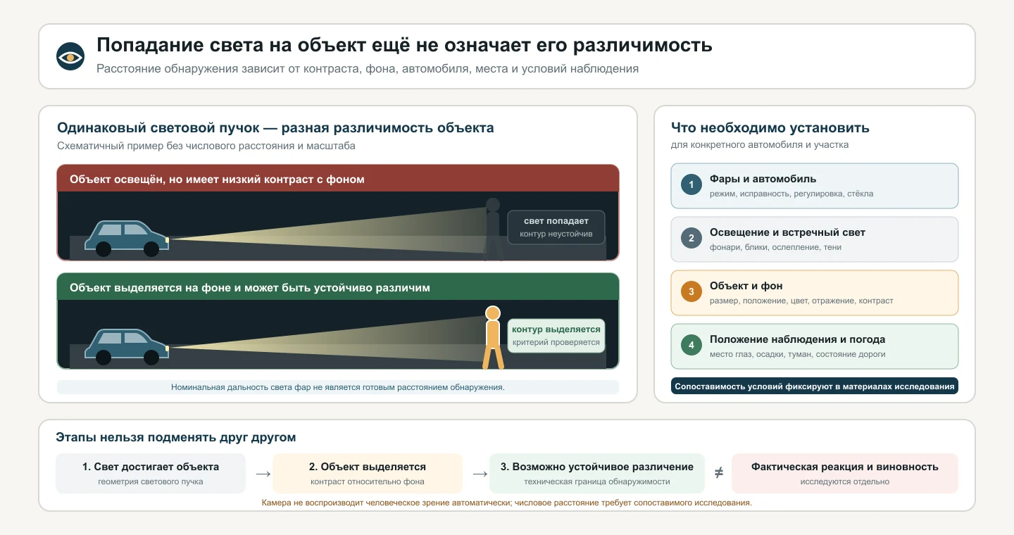 Сравнение низкой и достаточной различимости человека в одинаковом свете фар и перечень условий оценки видимости в тёмное время.