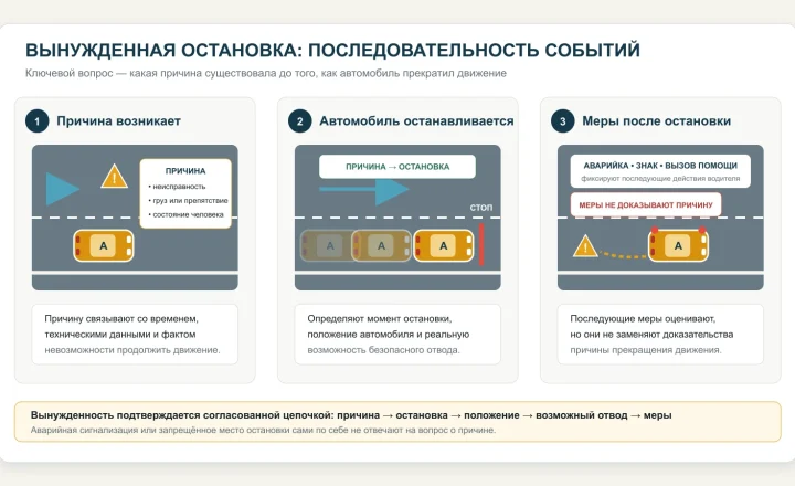 Три момента вынужденной остановки: возникновение причины, прекращение движения в правой полосе и последующие меры со знаком позади автомобиля