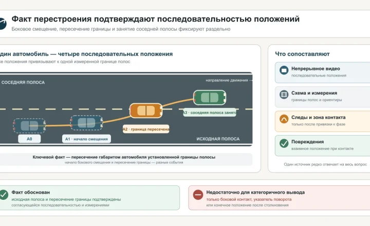 Четыре положения автомобиля: исходная полоса, начало смещения, пересечение границы и занятие соседней полосы, рядом источники доказательств.