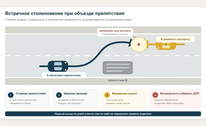 Автомобиль объезжает препятствие с выходом во встречный коридор другого автомобиля