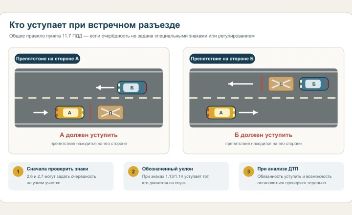 Две ситуации встречного разъезда с препятствием на стороне автомобиля А и автомобиля Б