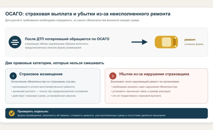 Сравнение страхового возмещения и убытков из-за неисполненного ремонта по ОСАГО