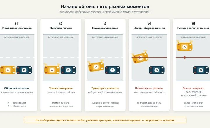 Пять последовательных моментов начала обгона: движение в полосе, левый сигнал, боковое смещение, частичный и полный выход автомобиля на встречную сторону