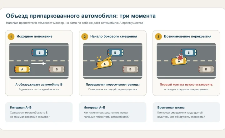 Три момента объезда припаркованного автомобиля и столкновения с автомобилем в соседней полосе