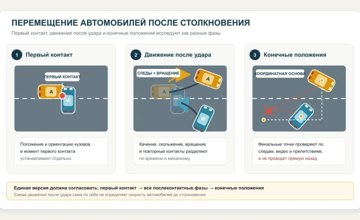 Три фазы перемещения автомобилей после ДТП: первый контакт, движение и вращение после удара, конечные положения