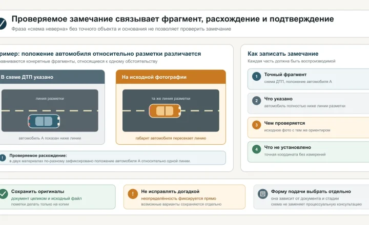 Сравнение положения автомобиля относительно линии разметки в схеме ДТП и исходной фотографии, рядом четыре части проверяемого замечания.