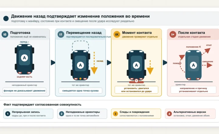 Четыре фазы проверки движения автомобиля задним ходом: подготовка, перемещение назад, момент контакта и возможные послеударные смещение, поворот или откат.
