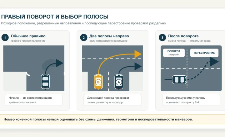 Три ситуации при правом повороте: начало из крайнего положения, разрешённый поворот из двух полос и отдельное перестроение после завершения поворота
