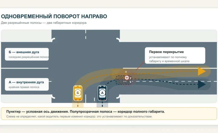 Автомобили А и Б одновременно поворачивают направо из двух разрешённых полос; показаны полные габаритные коридоры и область их первого перекрытия