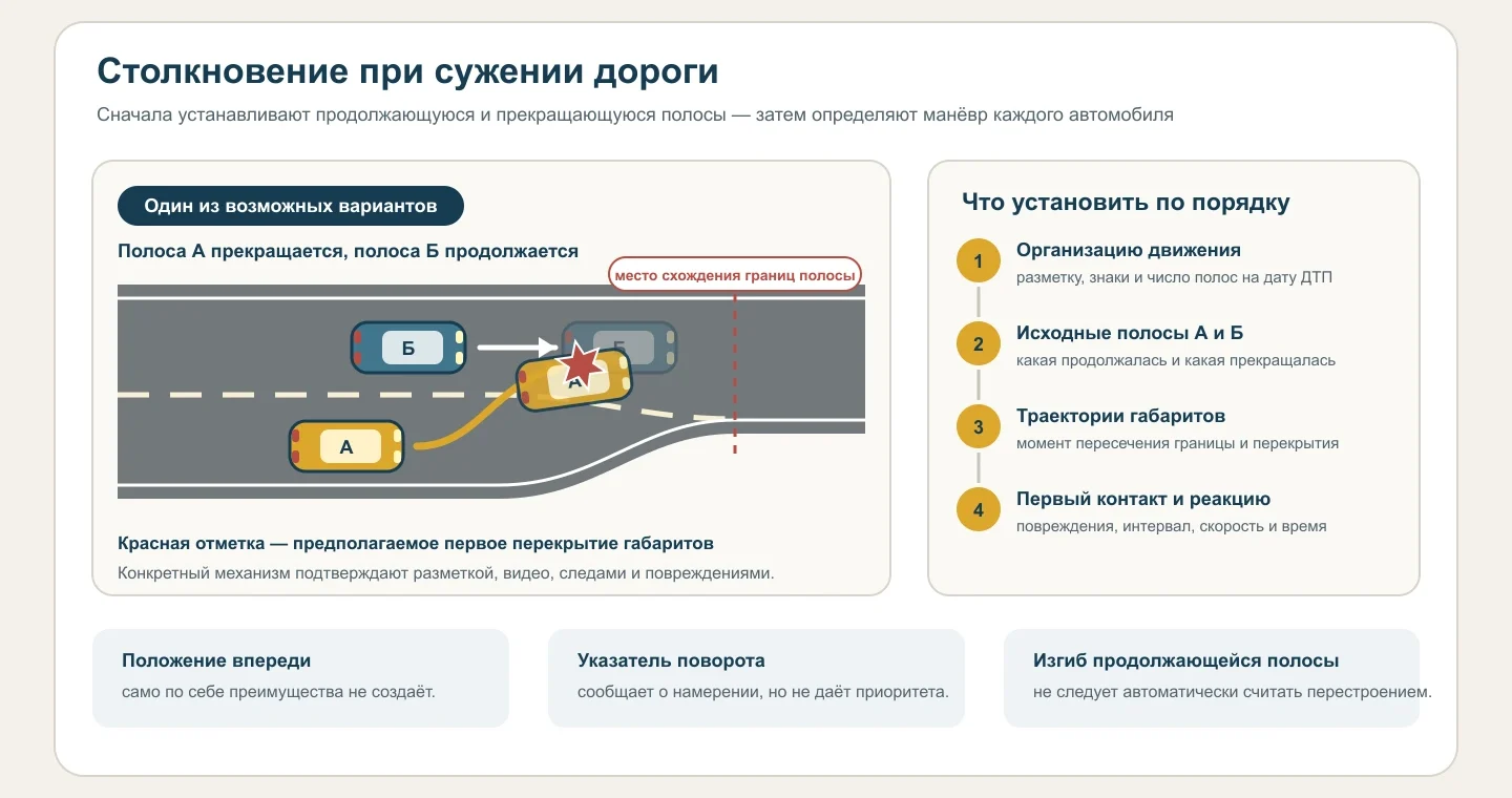 Автомобиль А перестраивается из прекращающейся полосы в продолжающуюся полосу автомобиля Б