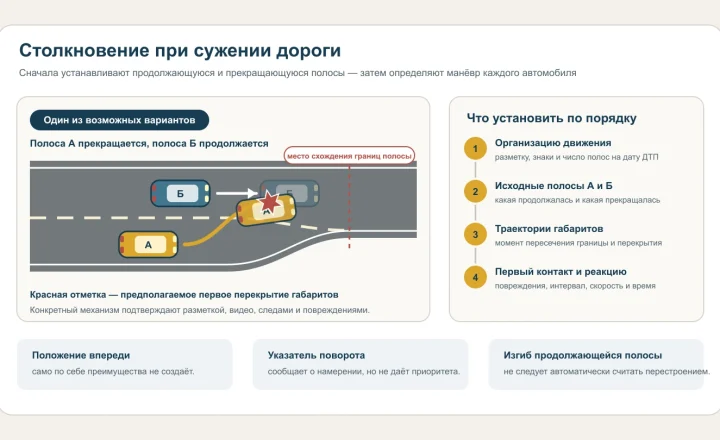 Автомобиль А перестраивается из прекращающейся полосы в продолжающуюся полосу автомобиля Б