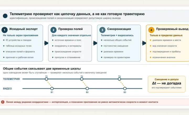 Четыре этапа проверки телеметрии электросамоката: исходный экспорт, проверка полей, синхронизация с видео и ограниченный вывод; ниже сопоставлены временные шкалы по трём событиям.