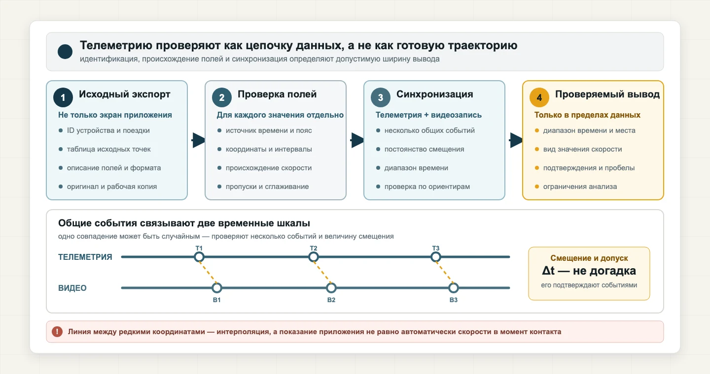 Четыре этапа проверки телеметрии электросамоката: исходный экспорт, проверка полей, синхронизация с видео и ограниченный вывод; ниже сопоставлены временные шкалы по трём событиям.