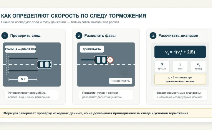 Три этапа определения скорости по следу торможения: проверка следа и границ, разделение движения до и после контакта, расчёт диапазона по S, j и конечной скорости