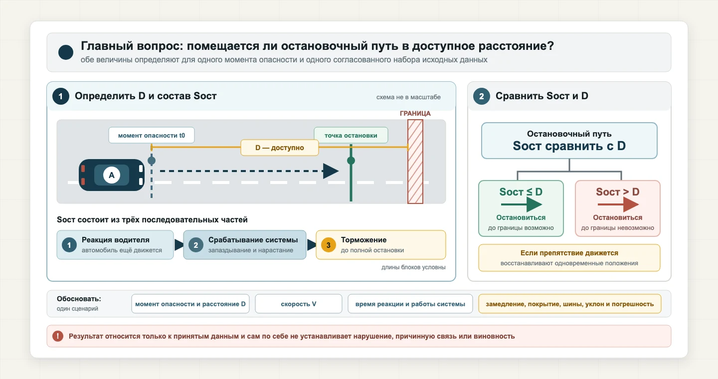 Автомобиль в момент опасности, доступное расстояние D до границы, три части остановочного пути и сравнение Sост с D для оценки возможности остановки.