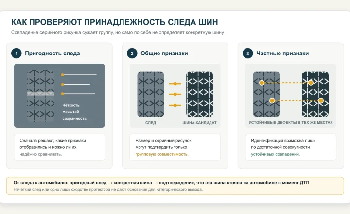 Три этапа проверки следа шин: пригодность следа, сравнение общих признаков протектора и сопоставление частных признаков конкретной шины