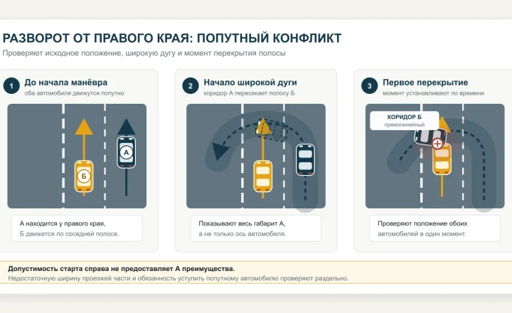 Три момента разворота автомобиля А от правого края и перекрытия попутной полосы автомобиля Б