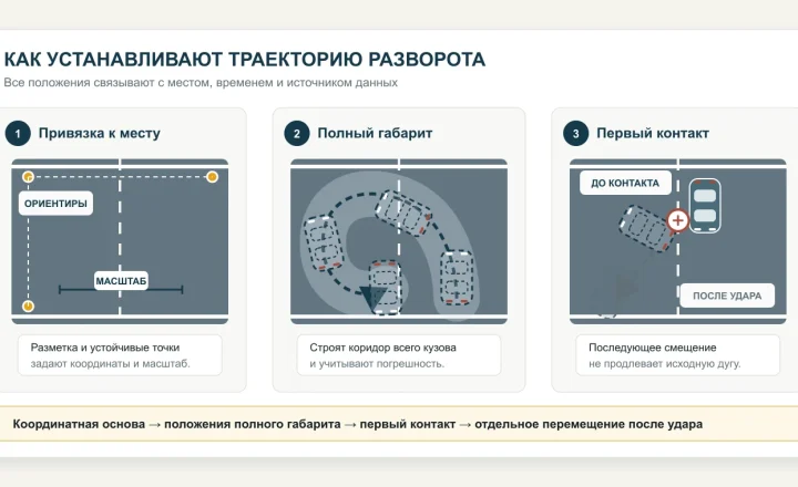 Три этапа установления траектории разворота: координатная привязка, положения полного габарита на U-образной дуге и отделение первого контакта от перемещения после удара