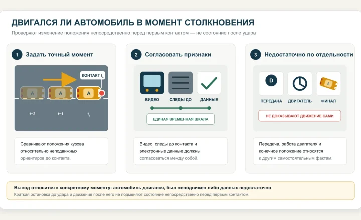 Проверка движения автомобиля перед столкновением по последовательным положениям, видеозаписи, следам и электронным данным