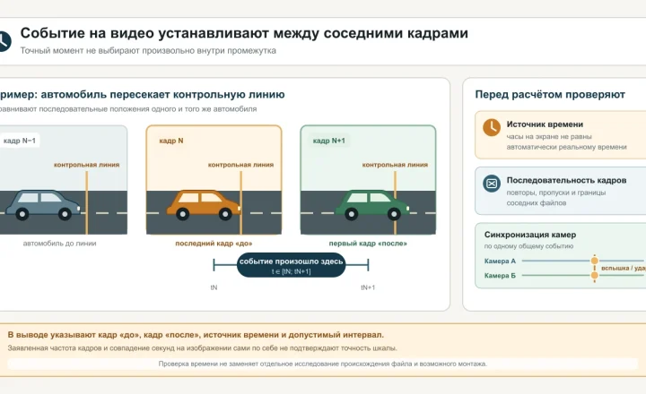 Три видеокадра с автомобилем до контрольной линии, перед ней и после пересечения, а также интервал события между кадрами N и N плюс 1.