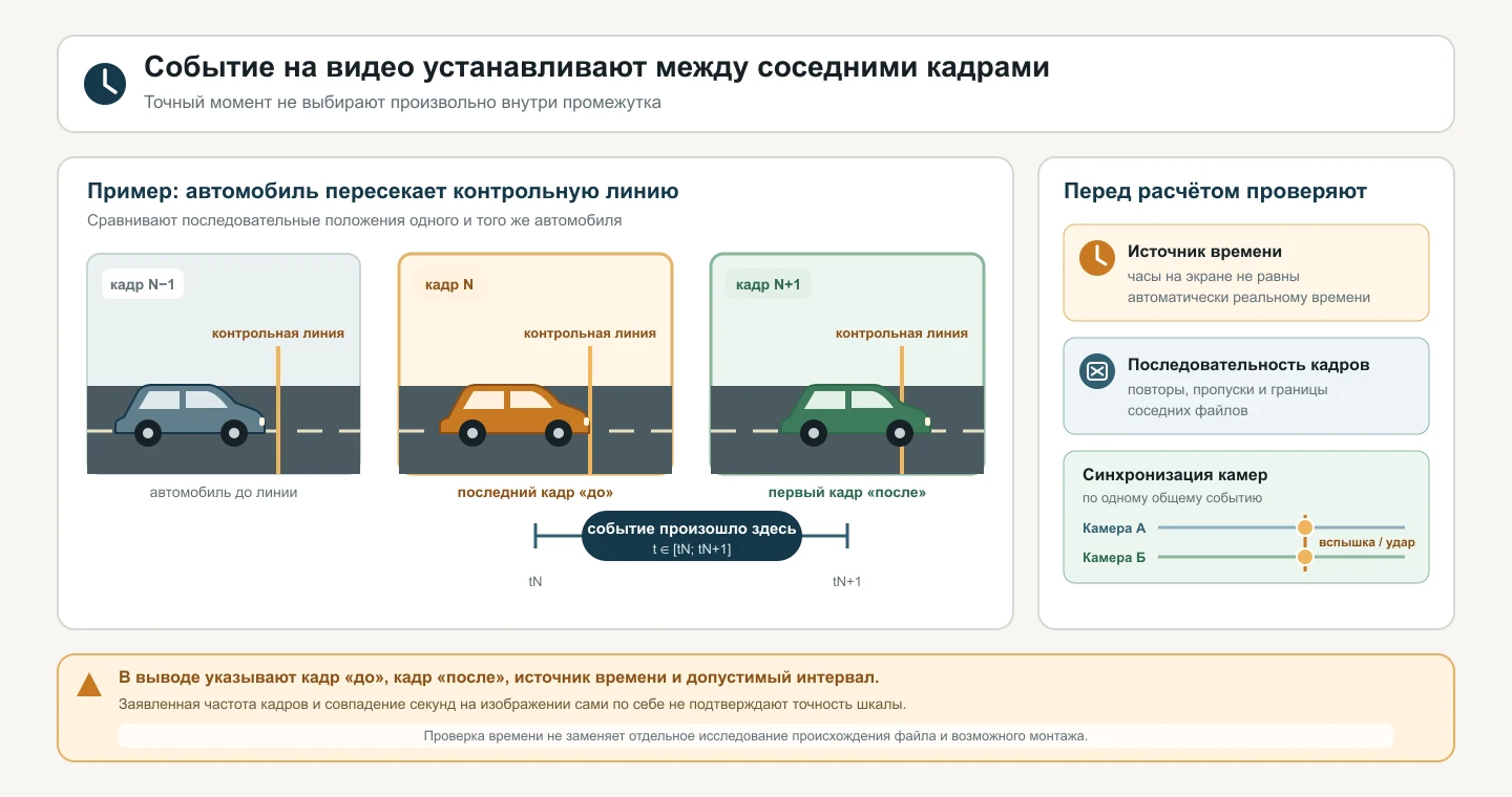 Три видеокадра с автомобилем до контрольной линии, перед ней и после пересечения, а также интервал события между кадрами N и N плюс 1.