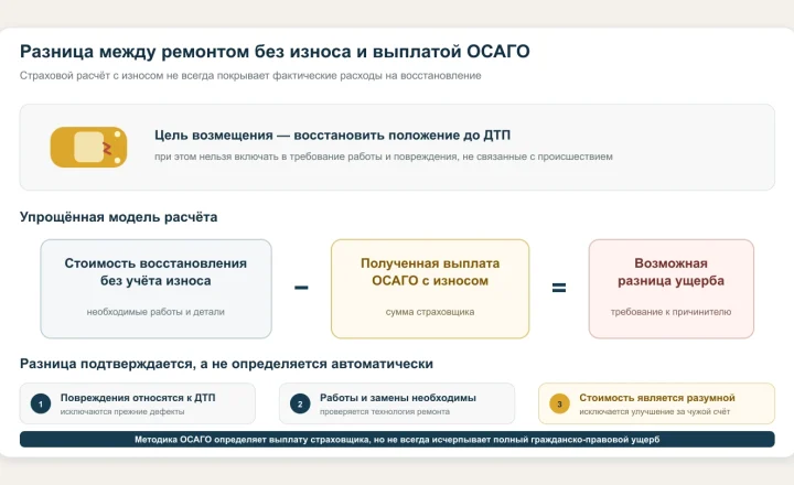 Формула возможной разницы между ремонтом без износа и выплатой ОСАГО с износом