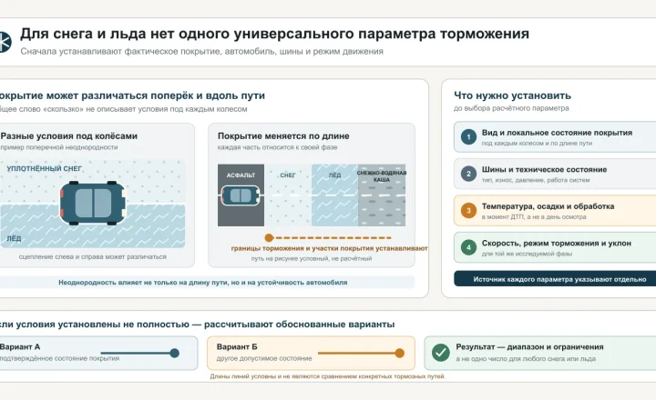 Автомобиль на уплотнённом снегу и льду, участки асфальта, снега, льда и снежно-водяной каши, параметры расчёта и диапазон вариантов.