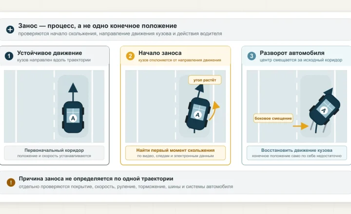 Три момента заноса автомобиля: устойчивое движение по правой полосе, начало скольжения и разворот с боковым смещением